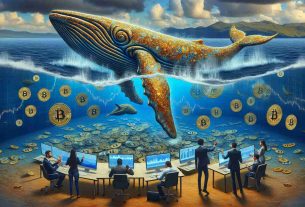 An intricately detailed and photo-realistic image visualizing a metaphorical scene about the influence of Bitcoin 'whales' on market consolidation. In this surreal imagery, illustrate massive, majestic humpback whales made of shimmering, golden Bitcoins swimming powerfully in an ocean, causing waves to ripple outward. Strewn along the seafloor are smaller coins illustrating lesser cryptocurrencies. On the shore, a broad range of multiracial analysts (African, Asian, Hispanic) and both male and female are discussing and pointing at graphs and charts that depict the fluctuations in the cryptocurrency market due to these whales.