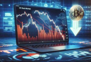 Generate a realistic, high-definition image of metaphorical representation of the US stock market. Show a downward trending graph on a computer screen with the 'US Stock Market' mentioned. Nearby, include a visual of a falling Bitcoin token, indicating a recent decline.