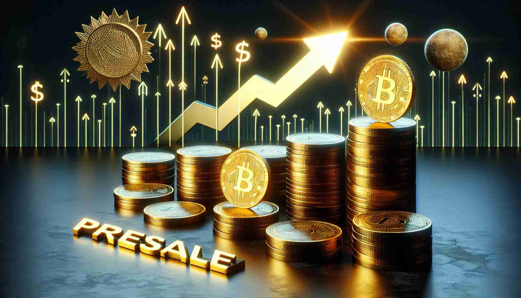 An HD conceptual representation of emerging cryptocurrencies: Depict several unidentifiable gold coins that stand out from the rest, symbolizing new opportunities. The word 'Presale' is highlighted next to these standout coins. In the background, have a subtle suggestive depiction of success, like upward-pointing arrows or a rising sun. To represent the concept of 'top pickups', arrange the standout coins in a broadly noticeable way, such as not being buried under a pile or towards the top of the pile itself.