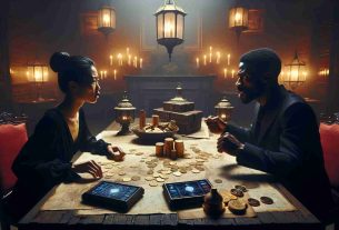 Imagine a high-resolution, visually striking scene capturing the dramatic essence of an intense wager over the disputed and enigmatic origins of cryptocurrency. The scene is set in a clandestine, lavish room, lit dimly by antique lanterns. In the middle of the room, a rustic wooden table is strewn with cryptic documents, antique gold coins, and state-of-the-art digital devices displaying complex cryptography. Two individuals—one of Black descent and female, the other of Asian descent and male—are engrossed in animated discourse, their faces a tableau of determination and tension.