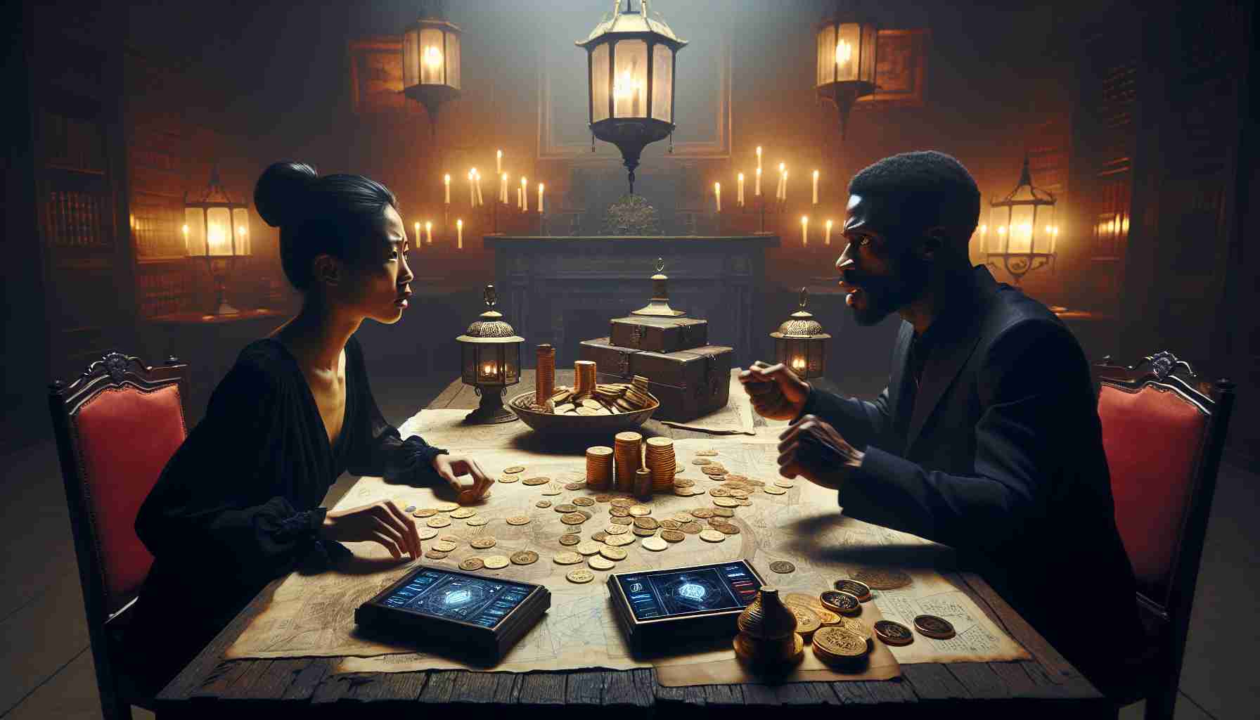 Imagine a high-resolution, visually striking scene capturing the dramatic essence of an intense wager over the disputed and enigmatic origins of cryptocurrency. The scene is set in a clandestine, lavish room, lit dimly by antique lanterns. In the middle of the room, a rustic wooden table is strewn with cryptic documents, antique gold coins, and state-of-the-art digital devices displaying complex cryptography. Two individuals—one of Black descent and female, the other of Asian descent and male—are engrossed in animated discourse, their faces a tableau of determination and tension.