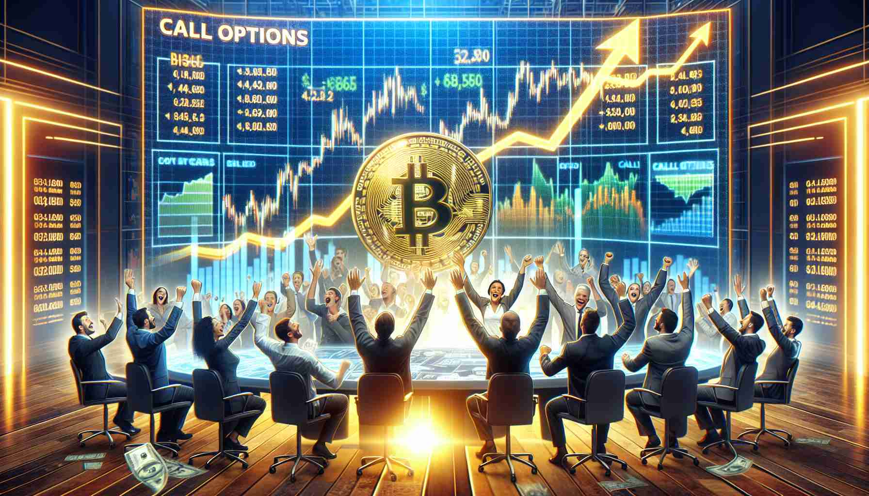 A detailed and realistic high-definition image representing Market Optimism for digital currencies like Bitcoin. The scene depicts the call options scenario in a stock market where traders, each of diverse descent and gender, are visibly thrilled or anticipating a future rally. Charts and graphs show an upward trend indicating the rising value of Bitcoin. The atmosphere is euphoric with confidence and positivity prevailing.