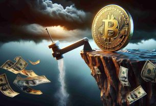 A dramatic concept image illustrating the struggle of Bitcoin's value to maintain $60,000. It features a shiny, golden Bitcoin coin teeter-tottering on the edge of a cliff made of hundred-dollar bills, the abyss below embodying the volatile market. Dark clouds loom in the background, signifying economic uncertainty. Render this image in a realistic and high-definition manner.