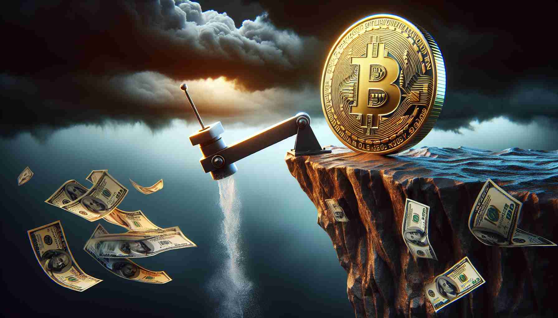 A dramatic concept image illustrating the struggle of Bitcoin's value to maintain $60,000. It features a shiny, golden Bitcoin coin teeter-tottering on the edge of a cliff made of hundred-dollar bills, the abyss below embodying the volatile market. Dark clouds loom in the background, signifying economic uncertainty. Render this image in a realistic and high-definition manner.