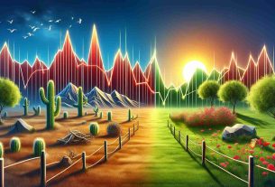 Realistic image depicting a modern cryptocurrency landscape. Imagine an intricate financial graph split into two halves. The left side illustrates a declining trend, represented by falling red bars symbolizing the losses in the crypto market. Let the red bars morph into mountains, tumbleweed, and a setting sun, symbolizing the harsh and unforgiving nature of the market. On the right half, visualize rising green bars symbolizing surprising gains, transforming into blooming flowers, trees, and a sunrise, reflecting hope and prosperity.