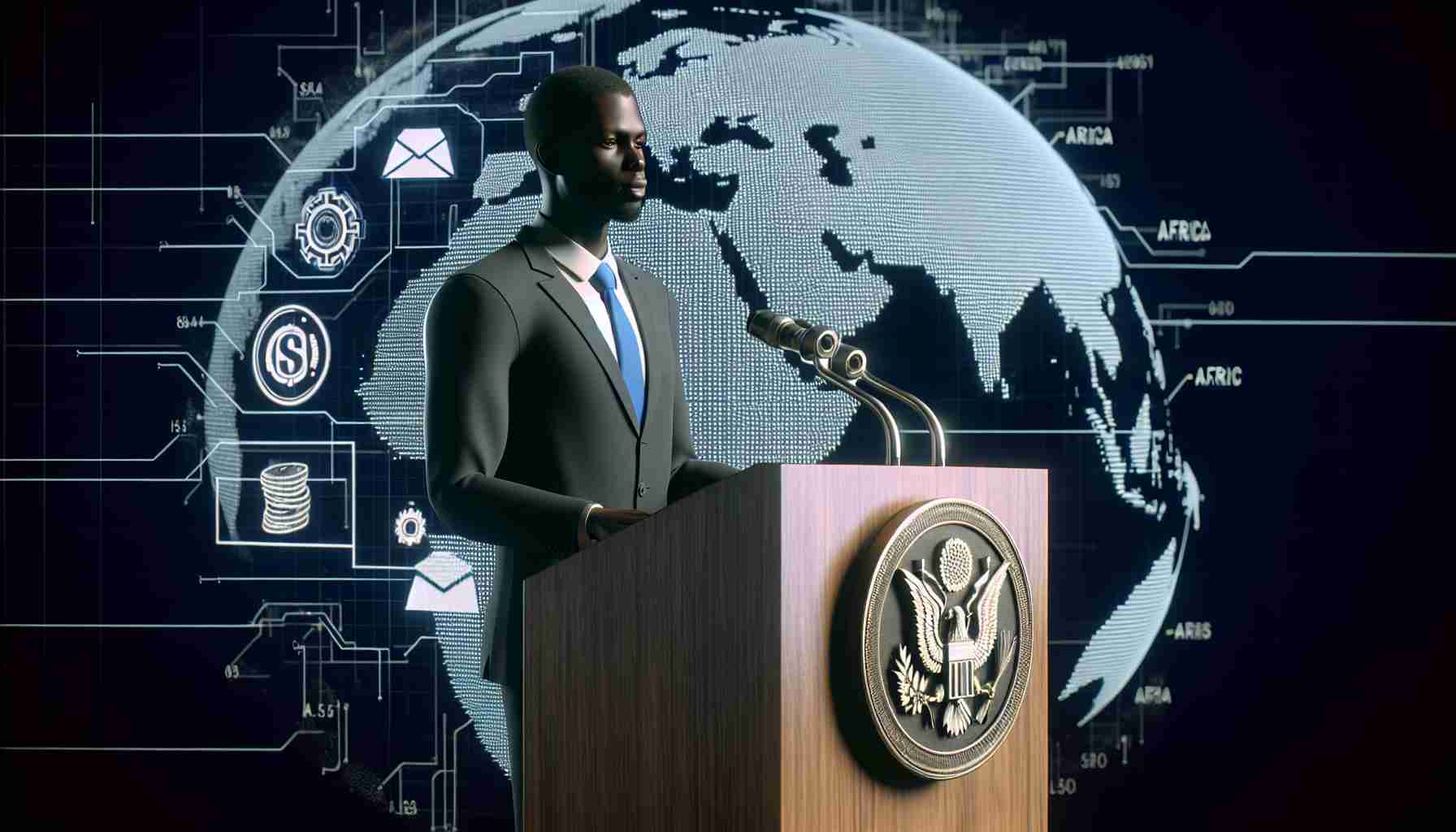 Generate a realistic high-definition image of a male administrative figure standing behind a podium. He is engaging in a tech conference, advocating the use of blockchain technology and artificial intelligence to thwart illegal financial activity in Africa. The podium is adorned with the emblem of a financial regulation institution, and the background consists of a big, largely visible map of Africa.