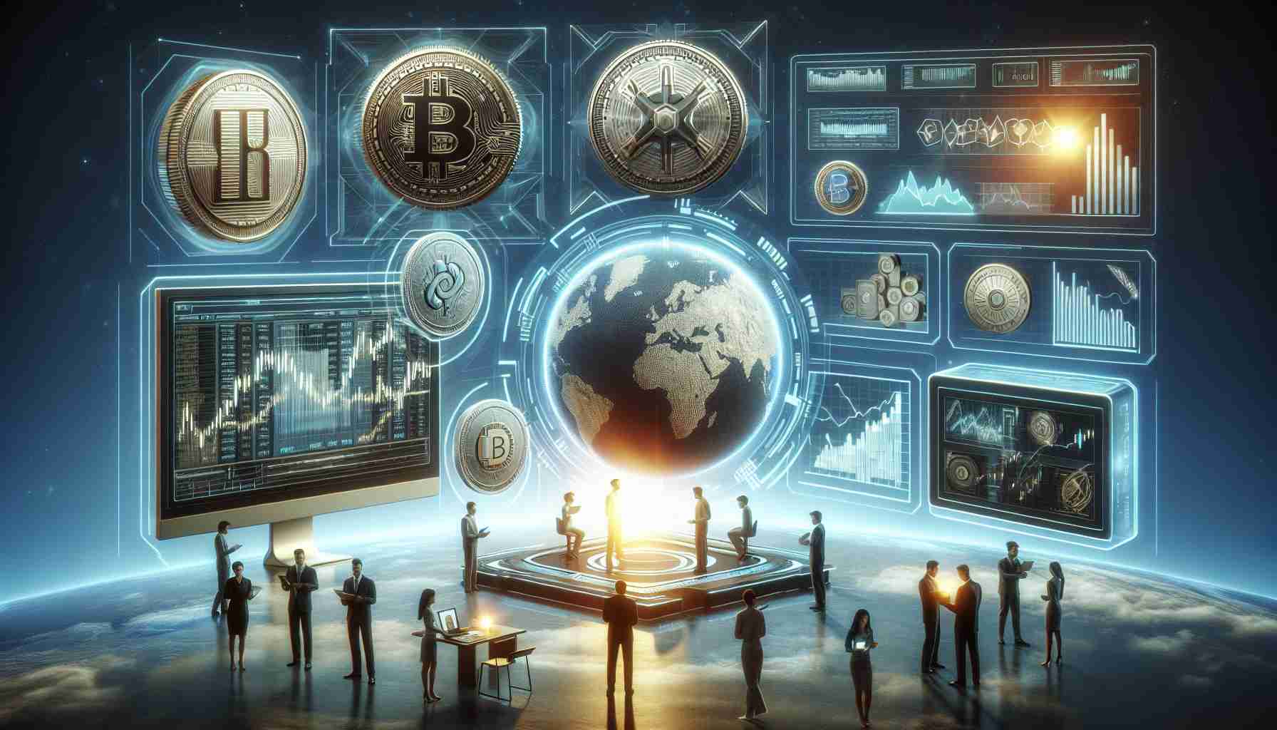 Create a realistic, high-definition digital image illustrating emerging trends in the world of cryptocurrency for the year 2024. This should include elements such as coins with futuristic designs, a monitor showing significant market changes, people of varying descents and genders discussing and analyzing the trends, and potential technology advances like advanced computers and holograms. Please refrain from using brand names or specific cryptocurrencies.