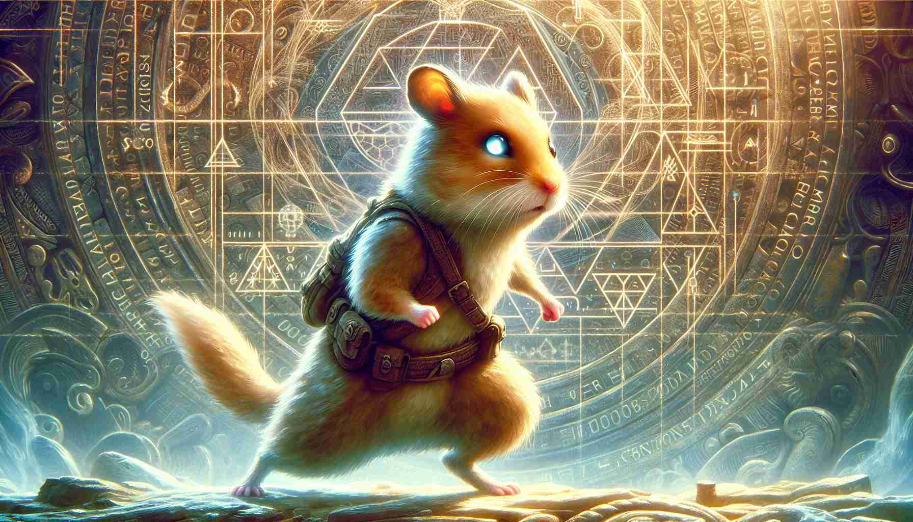 A lively and detailed scene embodying the spirit of an adventure quest. At the forefront is a fearless hamster, posture ready for combat, eyes glowing with determination. The backdrop suggests a fantastical world filled with cryptographic symbols and intricacies. Each detail, from the texture of the hamster's fur to the code-like patterns in the background, should exhibit realistic high-definition quality.