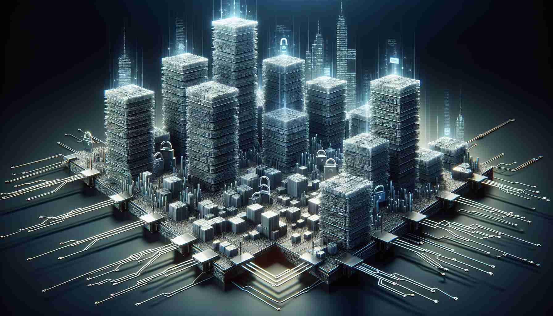 A photorealistic high-definition depiction of the conceptual representation of blockchain API management platforms. The platforms are visualized as growing structures, developed with intricate layers of coded bricks, similar to a growing city skyline. Several digital transactions, represented by lines of encrypted codes, move securely within and between these platforms. Embedded within the scene you can find metaphors symbolizing the facilitation of secure transactions such as an unbroken chain or a strong lock.