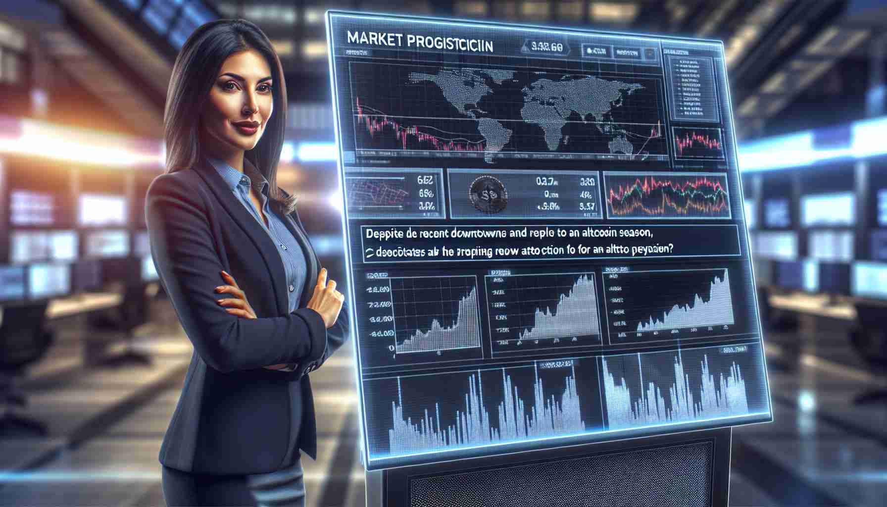 Create a realistic high-definition image of a market prognosticator, who is a confident Hispanic woman in her forties, standing over a large touchscreen display, showing various statistics and graphs related to cryptocurrencies. Despite the recent downturns indicated on the screen, she anticipates an altcoin season and expresses an optimistic prediction for the future. The background should represent a high-tech trading floor ambiance.