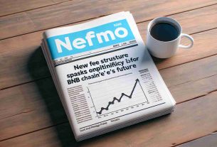 Generate a realistic HD image of a positive financial newspaper headline reading 'New Fee Structure Sparks Optimism for BNB Chain's Future' along with a line graph on the side that's showing a rising trend. The newspaper should be placed on a wooden table next to a cup of coffee.