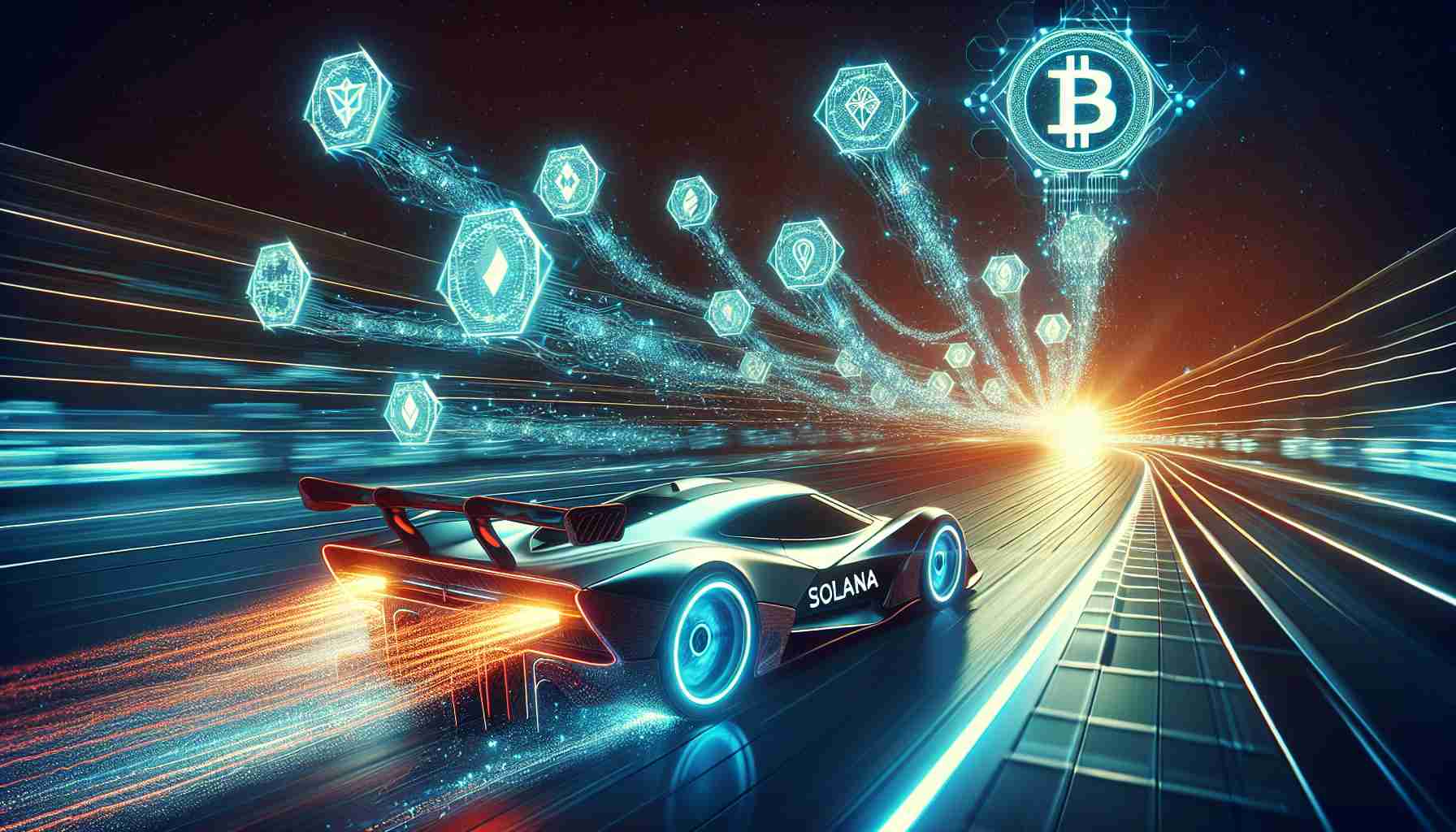 Create a high-definition, hyper-realistic visual representation of Solana's blockchain prowess. Illustrate this by visualising a fast-forwarded race with Solana as a sleek, futuristic race car whizzing past other generic cars, symbolizing other blockchain technologies. The car is leaving behind a trail of light composed of smaller icons symbolising Decentralised Exchange (DEX) transactions. Ensure that the atmosphere appears high-tech and the setting should be a digital track encapsulating the world of blockchain technology.