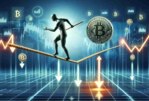 Generate a realistic, high-definition image featuring a metaphorical representation of Bitcoin as a person. This person is seen exercising or maintaining balance on a tightrope, which symbolizes key support levels in Bitcoin's value. Below the tightrope, there's an abyss of uncertainty marked with downward arrows and a floor glowing with weakness. Take note to incorporate elements that symbolize Bitcoin, such as coin-shaped objects or logos. This scene unfolds against a futuristic, digitally inspired landscape, showing graphs and data trends in a background.