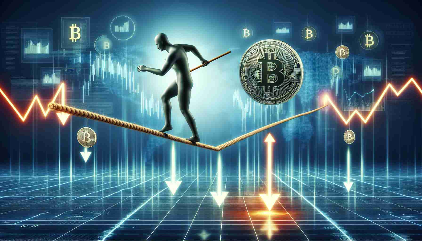 Generate a realistic, high-definition image featuring a metaphorical representation of Bitcoin as a person. This person is seen exercising or maintaining balance on a tightrope, which symbolizes key support levels in Bitcoin's value. Below the tightrope, there's an abyss of uncertainty marked with downward arrows and a floor glowing with weakness. Take note to incorporate elements that symbolize Bitcoin, such as coin-shaped objects or logos. This scene unfolds against a futuristic, digitally inspired landscape, showing graphs and data trends in a background.