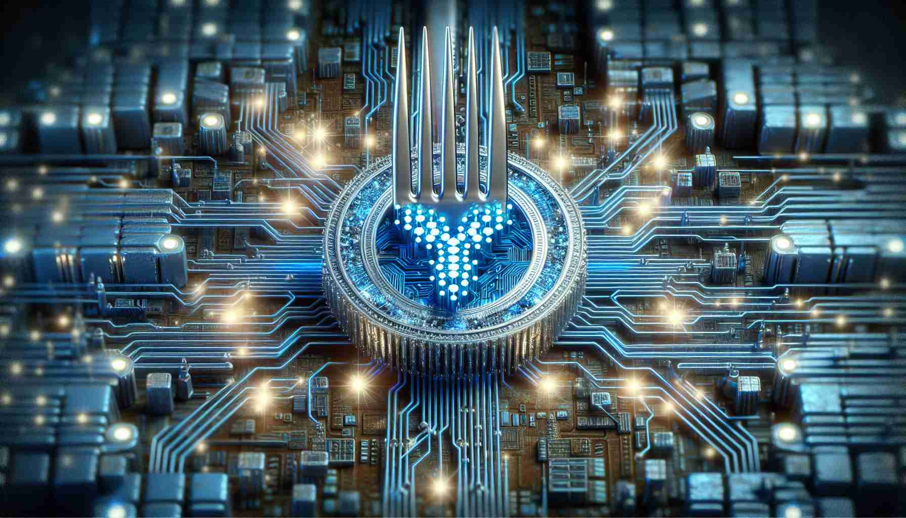 A highly detailed and realistic representation of a digital concept: the fork mechanism in blockchain technology, specifically in the context of Cardano. The scene should symbolize the initiation of a more decentralized governance structure. The image portrays a metaphorical fork encapsulated within the circuitry of complex algorithm and data visualization, with hues of electric blue and silver, set on high dynamic range background to give a futuristic and Hd touch.