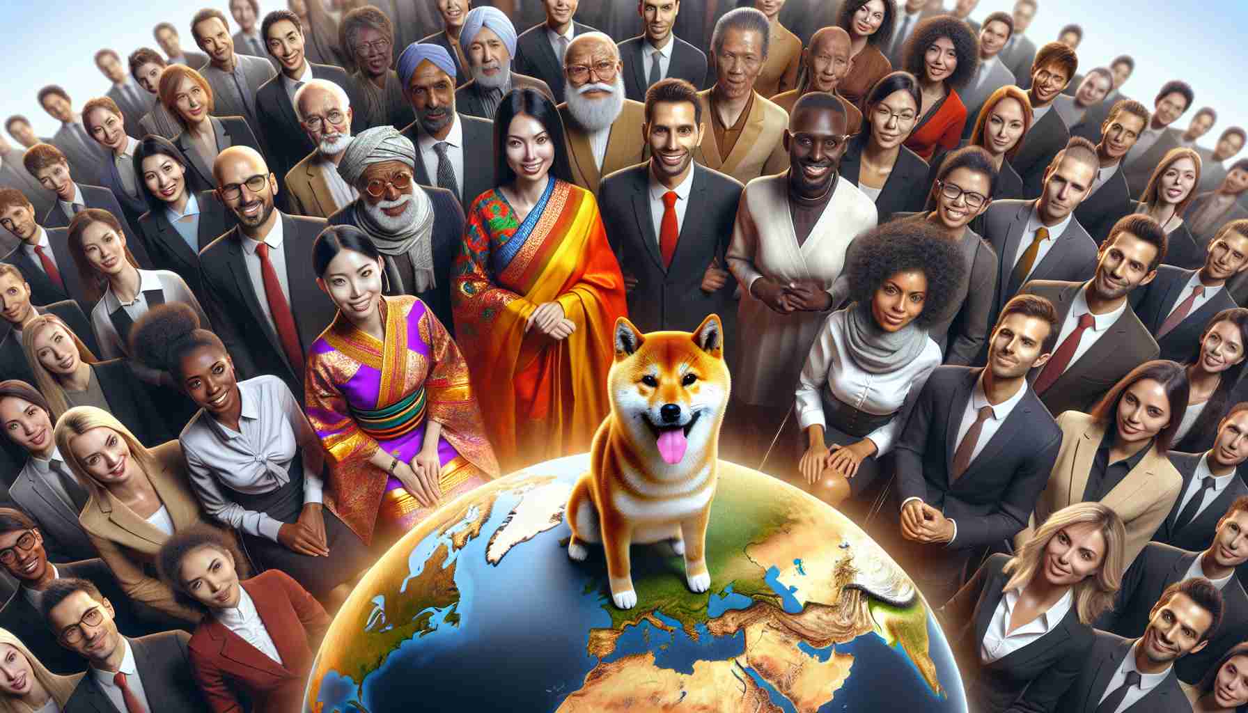 A realistic, high-definition image that depicts a global assembly of investors. These individuals appear passionate and excited about their investments, symbolically represented by a Shiba Inu. Each individual showcases a unique mixture of cultural attire to signal diverse backgrounds - from a South Asian woman in vibrant traditional clothing, to an Hispanic man in a suit, a Black woman in professional attire, a Middle-Eastern man in regional dress, and a Caucasian man in business casual clothes. The Shiba Inu, as the unifying symbol, sits in the center on a globe as a sign of their shared focus.