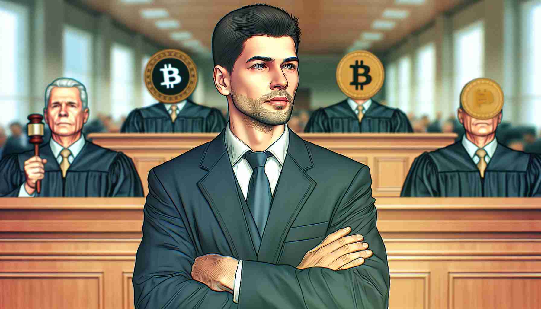 Create a realistic HD image of a corporate leader facing a symbolic trial, with captions related to alleged misleading statements about a cryptocurrency. The leader should be depicted as an average Caucasian male in a traditional business setting, wearing a suit and tie.