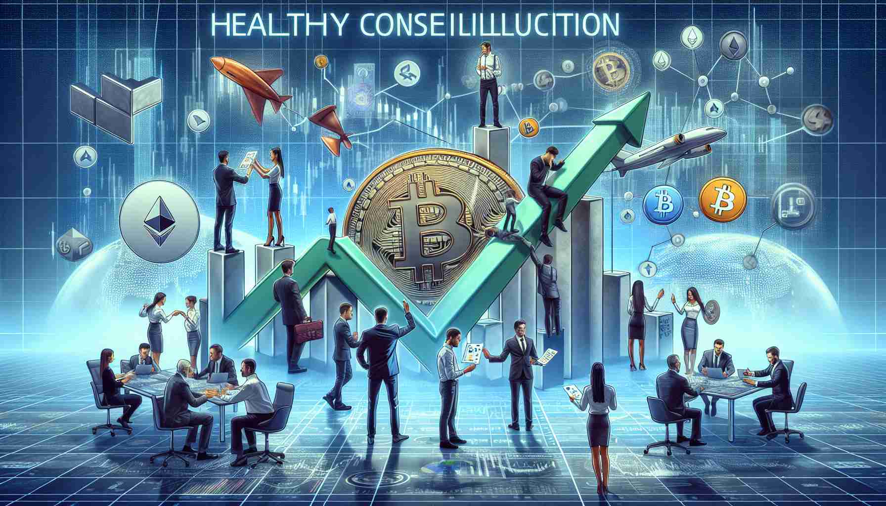 A realistic, high-definition illustration symbolizing the concept of healthy consolidation within cryptocurrency markets. The image should include factors such as people in various roles like traders, analysts, and investors of different descents and gender engaging in activities related to cryptocurrency trading. One might see them analysing graphs, discussing strategies and celebrating successful trades. Subtly incorporate symbols like Bitcoin, Ethereum, and other key players in the market into the scene. The scene should portray a general sense of stability, growth, and positive momentum.