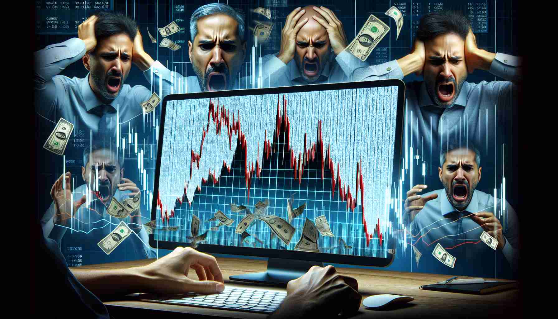 An ultra-high definition, realistic representation of the scenario where the volatile nature of the cryptocurrency market leads to significant losses for traders. This could display a computer screen showing a plummeting graph, symbolizing the market downturn and the impact it has on the wealth of individuals involved in trading. Further, expressions of stress and anxiety can be depicted on multiple racially diverse traders, in split-screen format, reacting to the tumultuous market conditions.