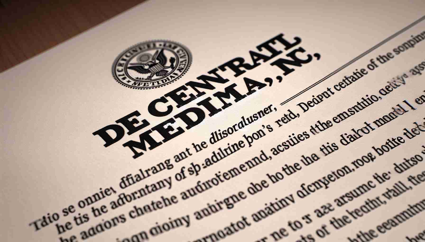 A closeup, highly-detailed image of a document titled 'Decentral Media, Inc.' The paper includes a section labeled 'Disclaimer', where the company clarifies the accuracy of the information it provides and details the advisory role it assumes within its operations. The paper bears the characteristic markings of a of an esteemed company, and one can see the ink's slight indents on the paper, showcasing the meticulousness of the document production.