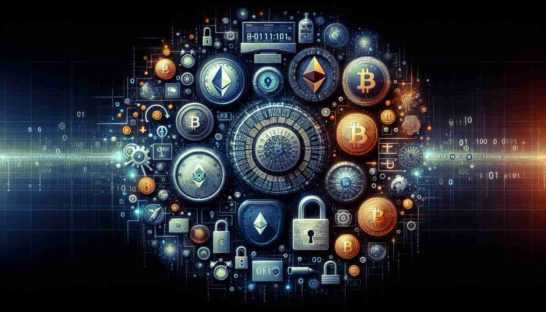 Generate a visually detailed and realistic high-definition image that represents 'Cryptocurrency Ventures and Tech Trust' as the highlights of the week. This could encompass digital representations like binary code, cybersecurity symbols or safe locks to demonstrate the theme of trust in technology, accompanied by symbols of cryptocurrency such as Bitcoin, Ethereum logos, and various other cryptocurrencies. Additionally, incorporate some symbolic representations of time, such as a calendar or a clock, to visualize the 'week's highlight' aspect.