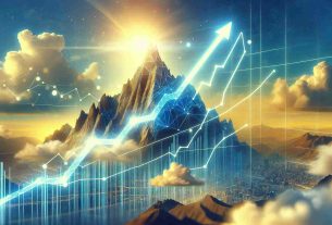 Generate a detailed, high-definition image that metaphorically represents the promising future of the Avalanche cryptocurrency while the larger crypto market experiences an upward swing. The scene should include visual elements such as a bright, sunny sky to symbolize optimism and a mountain peak resembling an ascending line chart to symbolize both Avalanche and an upward trend. For contrast, you can also add other, smaller mountains or hills in the background to symbolize other cryptocurrencies in the market, also showing growth but not as pronounced as Avalanche.