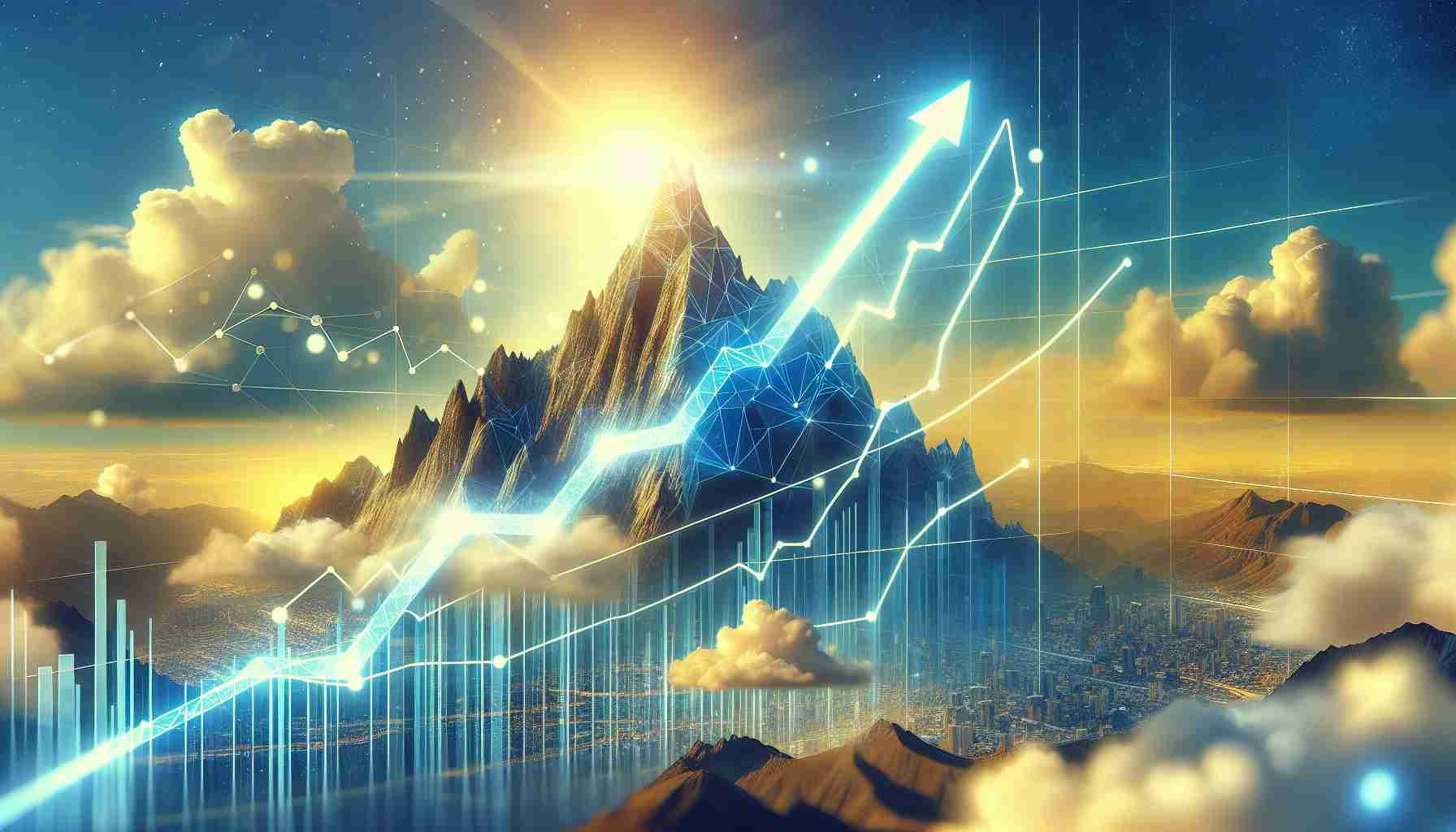 Generate a detailed, high-definition image that metaphorically represents the promising future of the Avalanche cryptocurrency while the larger crypto market experiences an upward swing. The scene should include visual elements such as a bright, sunny sky to symbolize optimism and a mountain peak resembling an ascending line chart to symbolize both Avalanche and an upward trend. For contrast, you can also add other, smaller mountains or hills in the background to symbolize other cryptocurrencies in the market, also showing growth but not as pronounced as Avalanche.