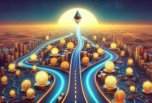 Design a high-definition, digital artwork of a symbolic representation of Bitwise advancing its Ethereum ETF journey with strategic funding. Showcase an abstract road or pathway, filled with Ethereum logo coins, heading towards a horizon that symbolically represents 'strategic funding.' Add a small stylized logo board of Bitwise at the beginning of the road. Please note: all settings, elements, and visuals are to charmingly embody the spirit of advancement and strategic investment in the world of cryptocurrency.