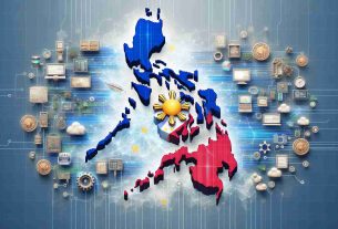 Create a realistic, high-definition image embodying the advancement of e-Governance in the Philippines through a hypothetical project, possibly referred to as 'eGOVchain'. Depict Philippines' symbolic elements interlaced with digital and blockchain motifs. There should be data streams flowing across a map of the country and possible technological tools. Simulate the sense of a modern, digitally interconnected governance system.