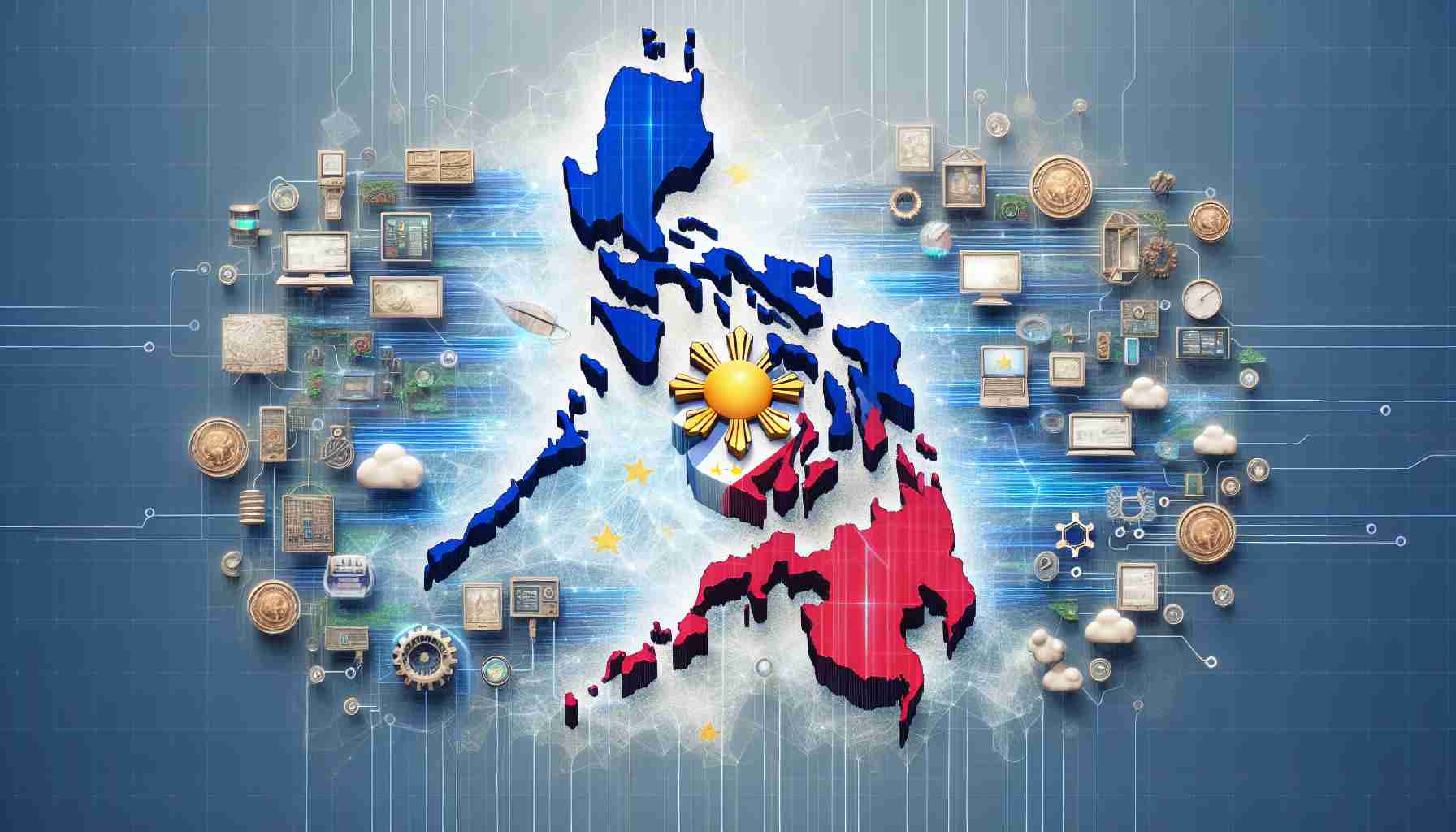 Create a realistic, high-definition image embodying the advancement of e-Governance in the Philippines through a hypothetical project, possibly referred to as 'eGOVchain'. Depict Philippines' symbolic elements interlaced with digital and blockchain motifs. There should be data streams flowing across a map of the country and possible technological tools. Simulate the sense of a modern, digitally interconnected governance system.