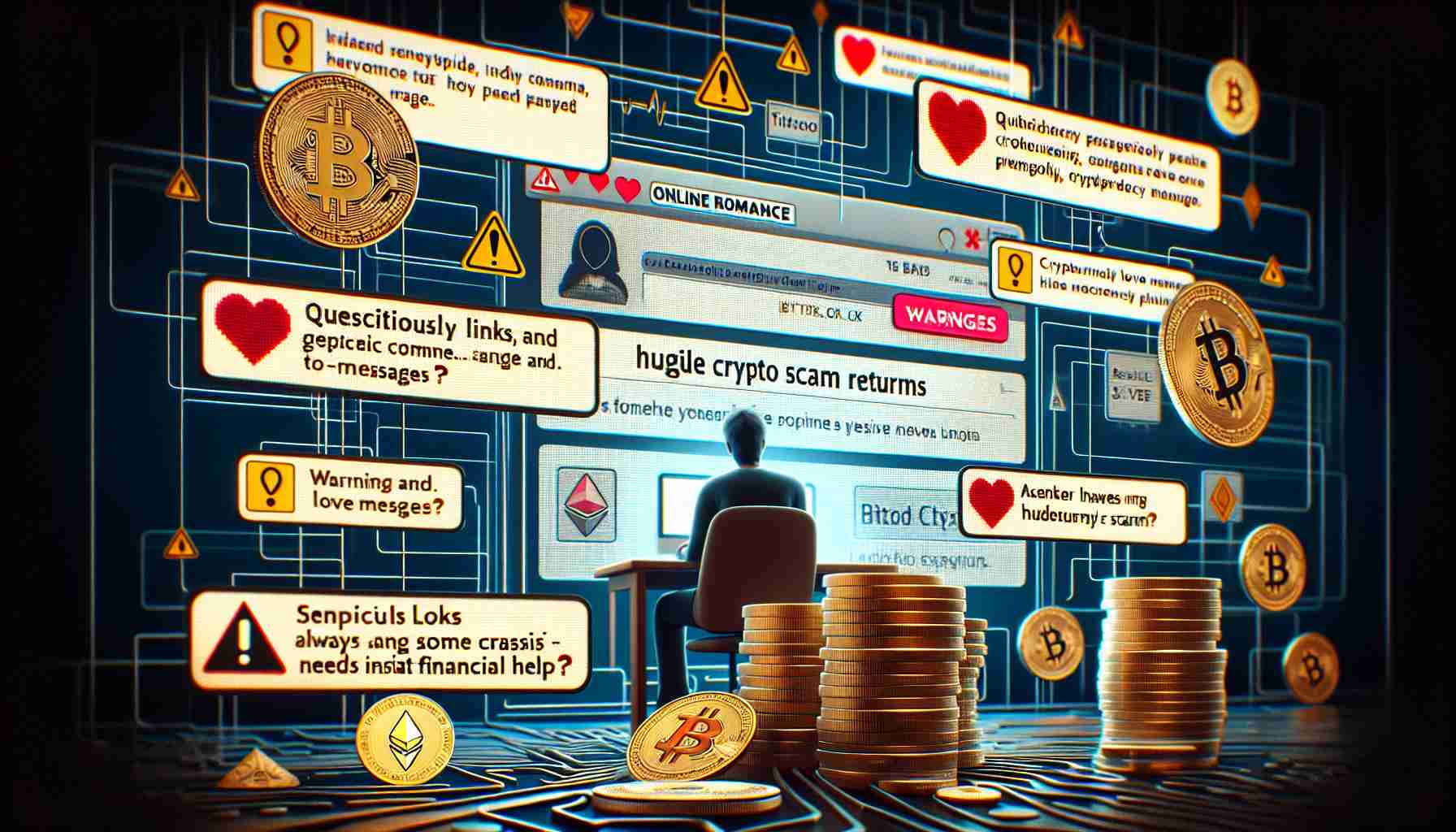 A HD detailed image showcasing the hidden risks of online romance, focusing on cryptocurrency scams. The scene includes an intricately designed webpage where a person is engaging in an online chat. Warnings and red flags are subtly placed in the design, like questionable links, generic love messages, and promises of huge crypto returns. The page also has small hints like a crypto logo made suspiciously prominent, a rushed sense of urgency, or a sender always having some crisis that needs instant financial help. Accurate representations of both Bitcoin and Ethereum coins should be included, symbolizing the cryptocurrency aspect.