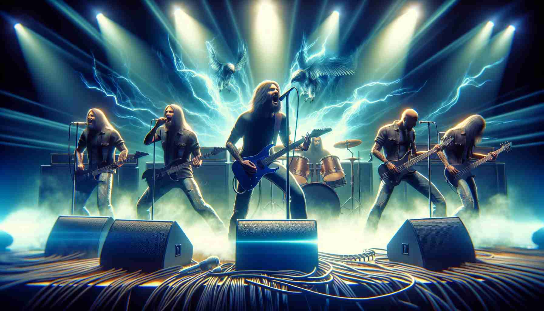 Imagine a realistic high definition scene of a popular rock band performing in Oslo, along with the guitarist from an influential heavy metal band. The atmosphere is energetic and filled with excitement. However, they're also dealing with a turbulent situation related to a cryptocurrency scam. The stage is striking, underpinned by a massive array of amplifiers, and each band member is distinct: a charismatic lead singer, a concentrated drummer, a skilled bassist, and a focused lead guitarist.