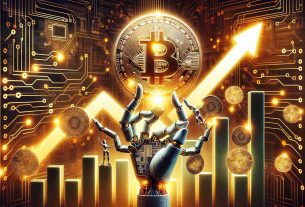 Generate a realistic high-definition image that captures the concept of artificial intelligence-driven cryptocurrencies rising in value. The photo should contain visual metaphors such as upward growing graphs, glowing digital coins, and AI elements like circuit board patterns or robot hands manipulating financial charts. In the background, include a clear depiction of a triumphant figure designed to symbolize Nvidia, such as an emblem with the silhouette of a computer chip but without specific logos or names.