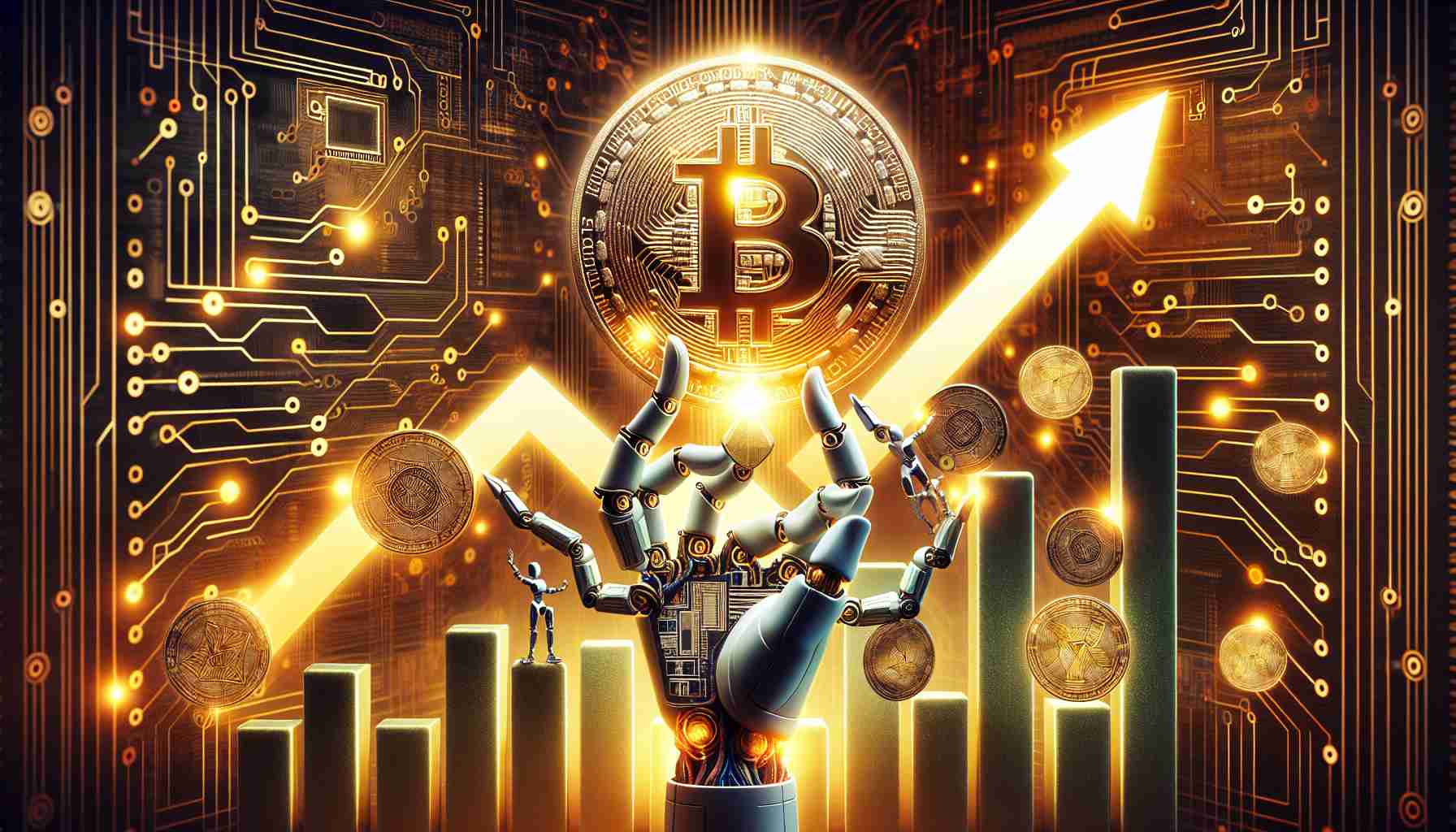 Generate a realistic high-definition image that captures the concept of artificial intelligence-driven cryptocurrencies rising in value. The photo should contain visual metaphors such as upward growing graphs, glowing digital coins, and AI elements like circuit board patterns or robot hands manipulating financial charts. In the background, include a clear depiction of a triumphant figure designed to symbolize Nvidia, such as an emblem with the silhouette of a computer chip but without specific logos or names.