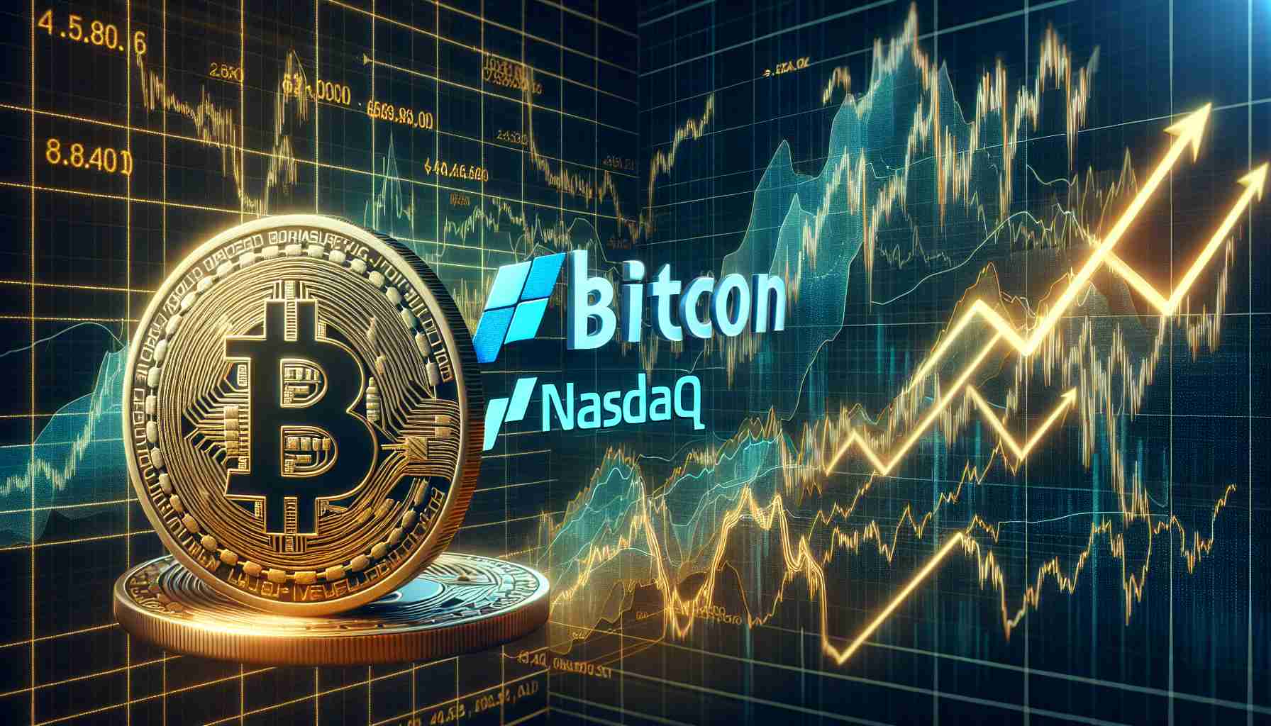 Create a realistic HD image that visually represents the exploration of the synchrony between the movements of Bitcoin and Nasdaq. Show the Bitcoin logo and Nasdaq logo side by side. In the background, reveal a chart with fluctuating lines for both Bitcoin and Nasdaq that intertwine at certain points indicating synchrony. Below both the logos, include depictions of upward and downward arrows to illustrate the movements of the financial markets. The image should capture the intricacy and volatility typical of financial markets.