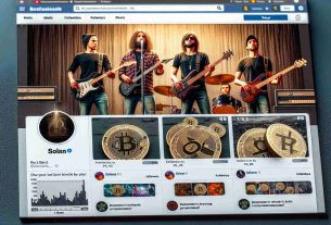 High-definition realistic picture of a rock band's social media page, which appears to have been infiltrated by promoters of a popular cryptocurrency named Solana. The social media page layout includes band photos, posts, follower count, and notifications, along with suspicious posts promoting the cryptocurrency.