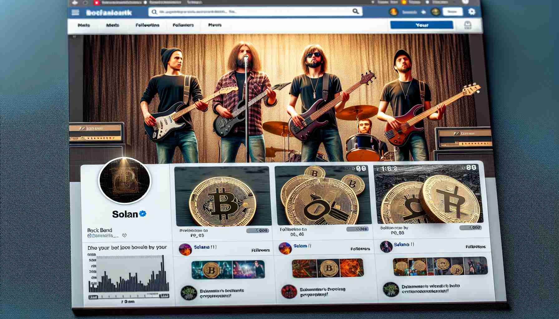 High-definition realistic picture of a rock band's social media page, which appears to have been infiltrated by promoters of a popular cryptocurrency named Solana. The social media page layout includes band photos, posts, follower count, and notifications, along with suspicious posts promoting the cryptocurrency.