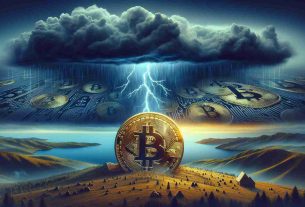 High-definition image of a metaphorical depiction of the calm before a storm in a financial market, symbolized by Bitcoin. Visualize a serene landscape with a storm brewing in the distant horizon. Overlay this with abstract symbols of Bitcoin, like a golden coin embossed with a B, or a line chart with Bitcoin's logo. Focus on the eerie tranquility contrasted with the looming turmoil, a symbolic representation of economic fluctuations.