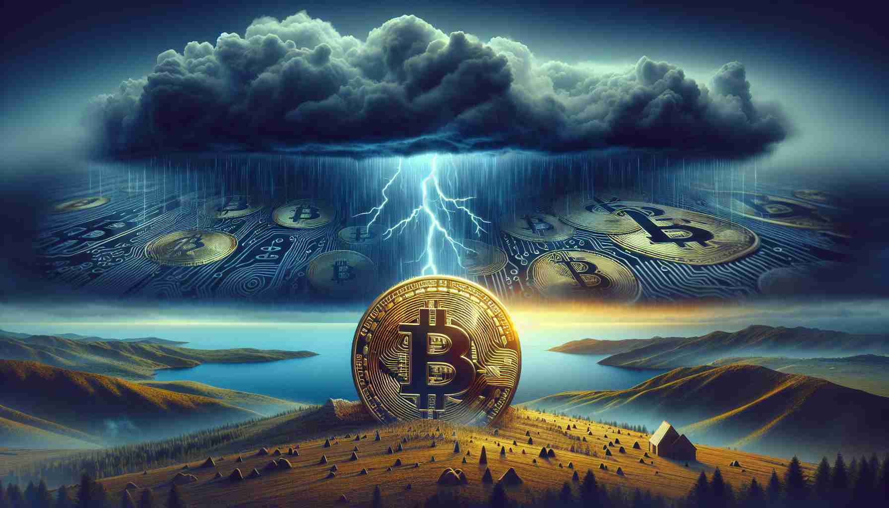 High-definition image of a metaphorical depiction of the calm before a storm in a financial market, symbolized by Bitcoin. Visualize a serene landscape with a storm brewing in the distant horizon. Overlay this with abstract symbols of Bitcoin, like a golden coin embossed with a B, or a line chart with Bitcoin's logo. Focus on the eerie tranquility contrasted with the looming turmoil, a symbolic representation of economic fluctuations.