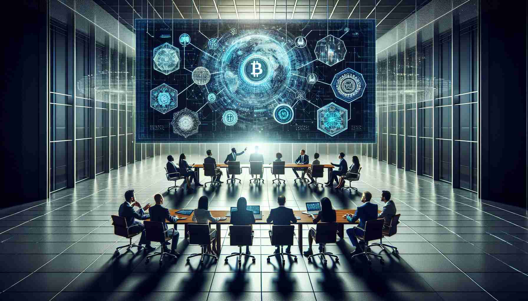 An ultra high definition conceptual image of the global company Bitfarms' boardroom in a large, modern building. Inside, individuals of diverse genders and descents, symbolizing the board members, are engaged in a meeting. Among them, a person representing the recently introduced blockchain expert is pointing at a high-tech screen displaying complex blockchain networks and cryptocurrency information. This scenario is set under dramatic overhead lighting to emphasize the profundity and forward-thinking nature of their discussions.