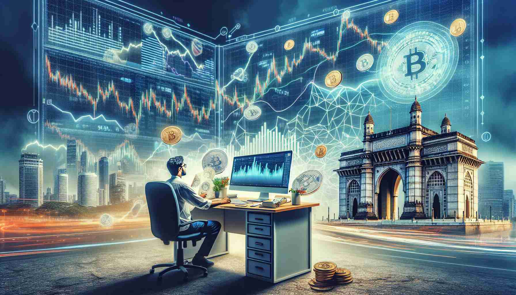 A high-definition, realistic image depicting the metaphorical conceptualization of navigating the highs and lows of cryptocurrency entrepreneurship in India. The scene could include elements like a large computer screen showing fluctuating crypto market graphs, an individual fervently studying and managing these trends, that person could be of South Asian descent. In the background, there can be symbolic iconic structures such as the Gateway of India in Mumbai, to embed location context. Include visible stress and euphoria expressions to indicate the highs and lows.