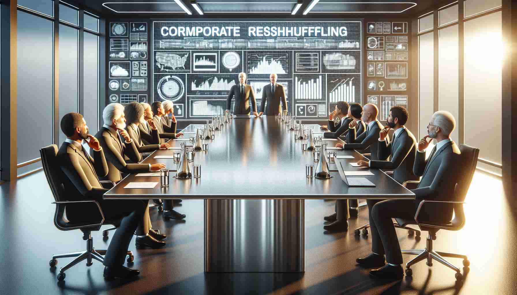 Create a realistic, high-definition image illustrating a corporate reshuffling scenario. The scene should include a diverse group of corporate executives of various descents and genders in a large, modern tech company's boardroom. Table placements highlight a significant empty chair, indicating the departure of their long-time Communications Chief. Emphasize expressions of surprise, contemplation, and serious discussion among the executives.