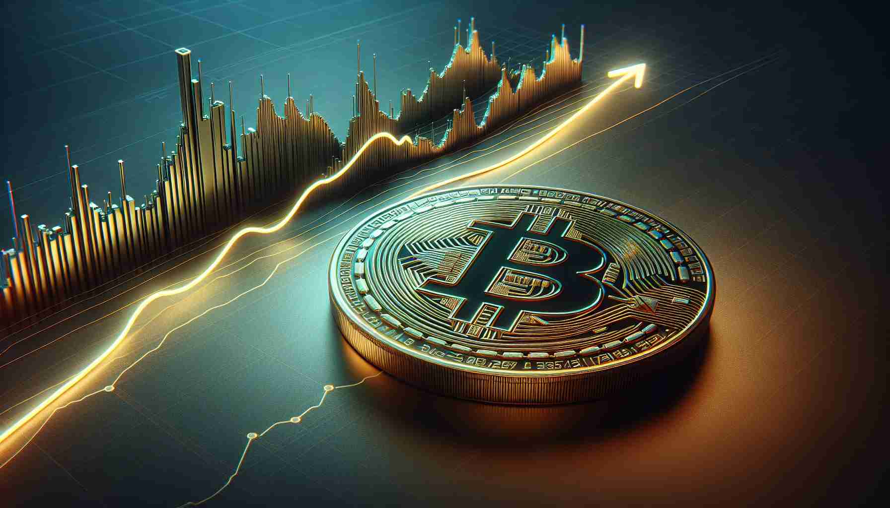 A high-definition, realistic image depicting the abstract concept of Bitcoin confronting market speculation and experiencing a cautious recovery. A large, shiny golden coin, symbolizing Bitcoin, could be seen in the foreground, its surface detailed with the familiar visual elements of the cryptocurrency. In the background, we can imagine a fluctuating line graph, echoing the ups and downs of a volatile market. From a lowest point in this graph, a narrow path of upwards curve could denote the concept of 'tentative recovery'. Colors can be primarily dark and gold, encapsulating a tense yet hopeful atmosphere.