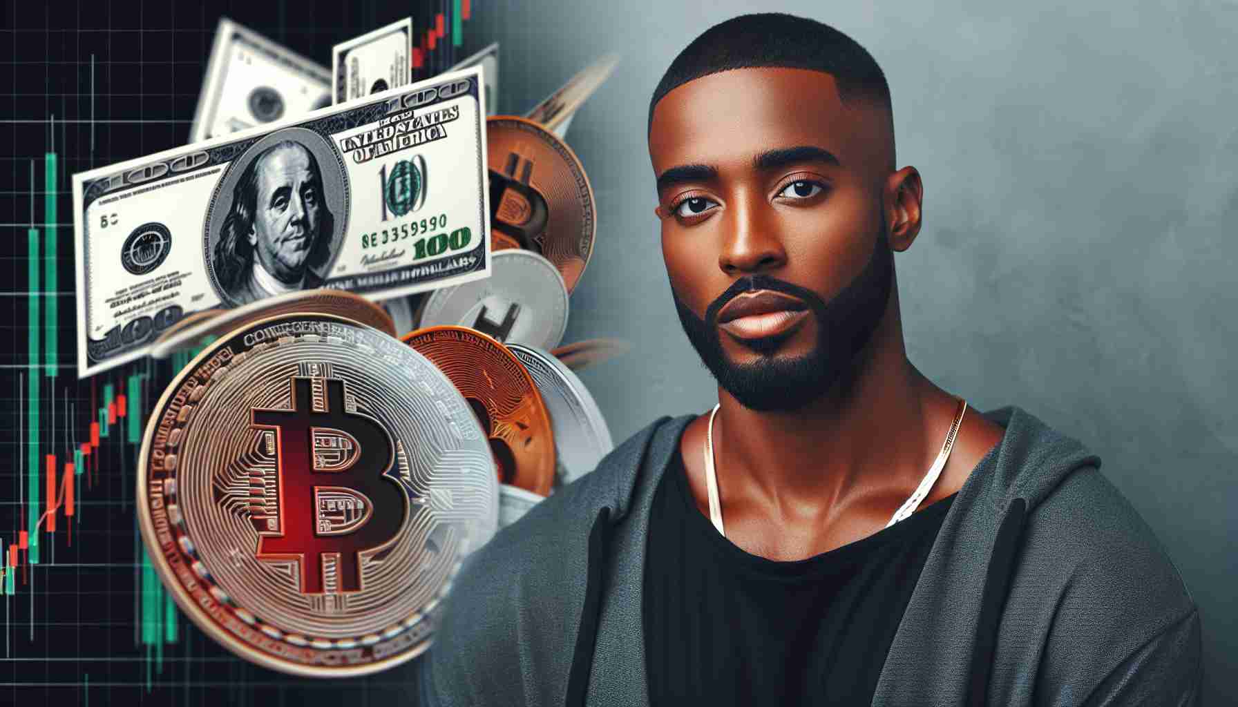 Realistic high-definition photo of a well-built African-Canadian male artist, not a specific person but one with similar physical features to a famous rapper. The image involves the concept of him possibly facing the potential loss of one million dollars due to cryptocurrency betting.