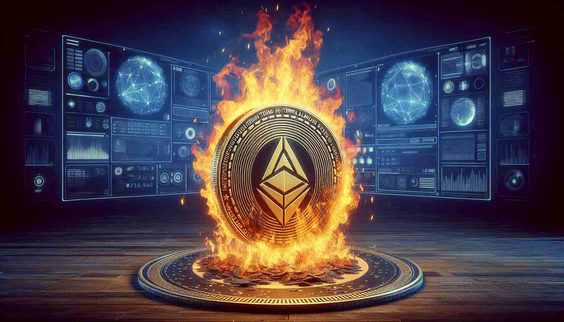 Create a high definition, realistic image representing the concept of a large-scale token burn held by a virtual community named 'Terra Luna Classic'. Depict this scene symbolically through elements that typically represent the crypto world and the idea of a token burn, which could be a giant coin with 'Terra Luna Classic' engraved on it, being engulfed by flames against a digital background. The focus should be on this central event, but peripheral elements can subtly hint at the community's engagement and participation in this significant event.