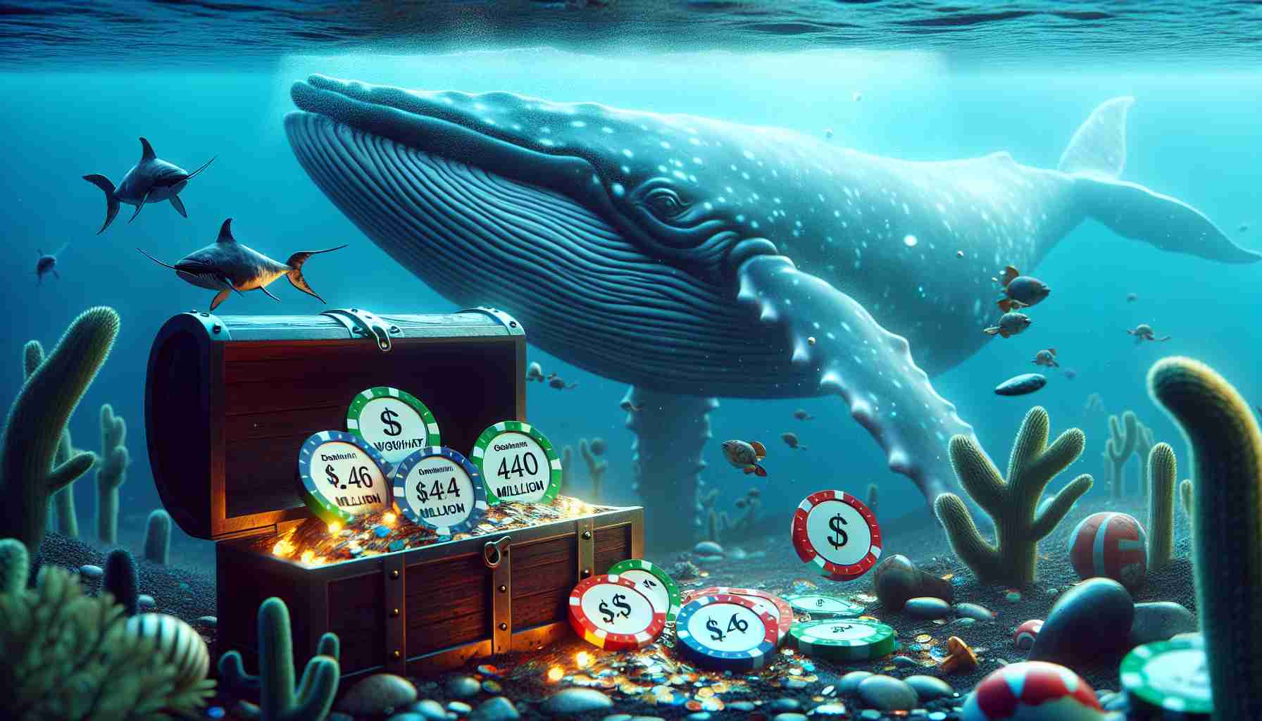 Create a detailed, high-definition artistic interpretation of a conceptual event. Visualise the dramatic scene of a giant whale making a gamble under the deep sea. Nearby, a treasure chest overflows with tokens labeled as 'Dogwifhat', amounting to $4.6 million. Add a touch of realism to the entire scene.