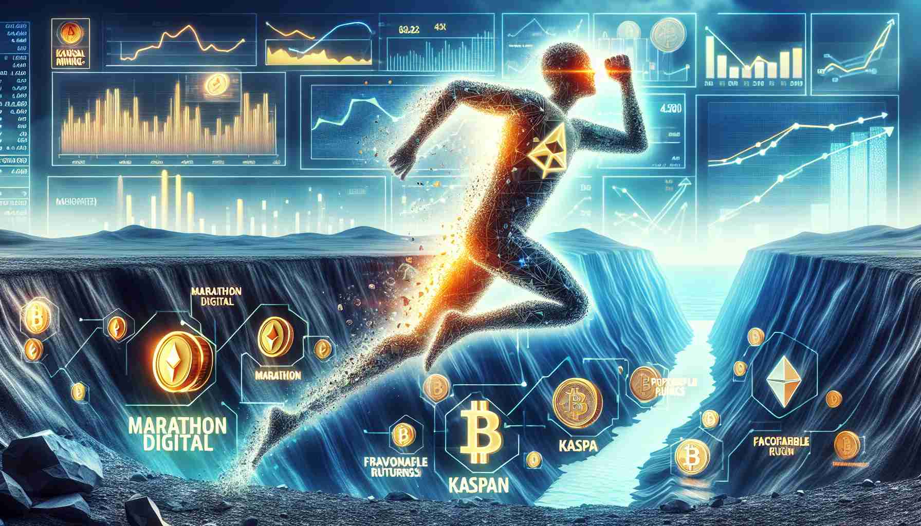 Realistic HD photograph representing the concept of Marathon Digital diving into Kaspa Mining with symbols of prosperity and favorable returns. The image infused with elements of financial graphs, digital currency symbols, and profitable returns highlighted in foreground. It may depict a digital marathon runner symbolizing Marathon Digital, diving into a mine visually representing Kaspa Mining, surrounded by illustrated signs of profitable returns.