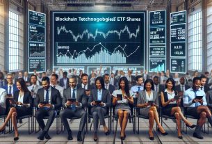 Generate a high definition, realistic image of a rally showcasing Blockchain Technologies ETF shares. The scene should depict a mix of professional men and women from various descents such as Hispanic, Caucasian, Black, Middle-Eastern, and South Asian. They are excitedly discussing and analyzing ETF shares on their digital devices. In the background, there are big screens showing graphs and stats of Blockchain Technologies ETF shares. All people are dressed in business attire.