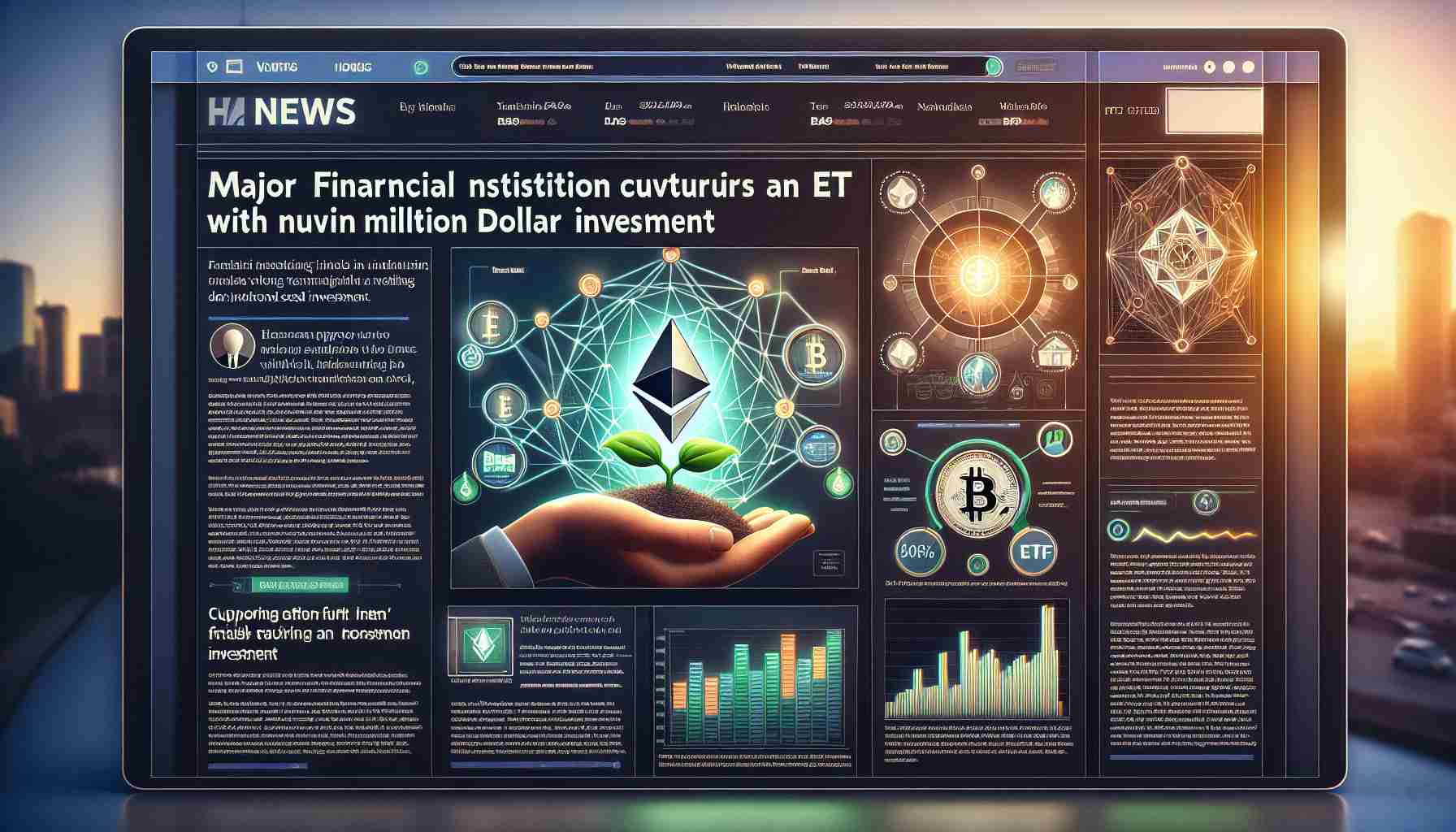 Realistic, high-definition image of a news article coverage showing a major financial institution venturing into the Ethereum space, and supporting an ETF with a significant multi-million dollar seed investment. The image should depict an aesthetically designed webpage layout during daytime, with headlines, subtitles, and text body. Graphics like the Ethereum logo, infographics on investment figures, and the institution's emblem would be scattered strategically across the page. There may also be interpretative illustrations such as a seed signifying growth, and a web of network to signify blockchain technology.