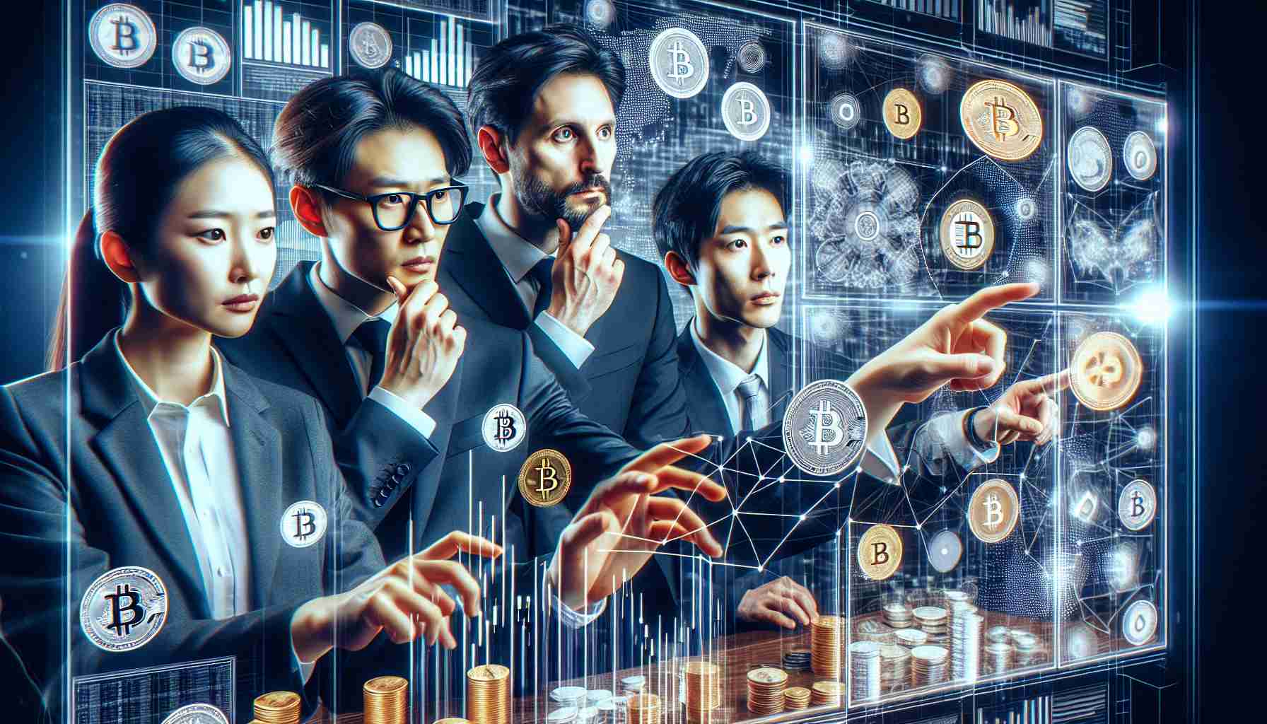 Generate a high-definition, realistic image showing a group of South Korean cryptocurrency experts scrutinizing a variety of digital coins. They are in a modern and stylish business setting decorated with charts, crypto symbols, and high-tech equipment. Their faces are filled with concentration and determination as they deal with hundreds of different types of cryptocurrencies.